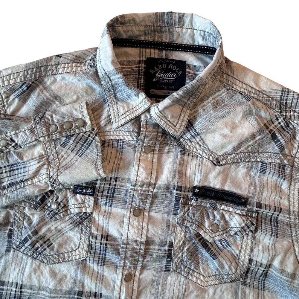 Hard Rock Guitar Company Mens Blue Plaid Pearl Snap Western Shirt Large  LS